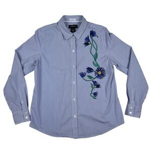 Liz Claiborne Career stretch blue striped floral button up blouse shirt medium